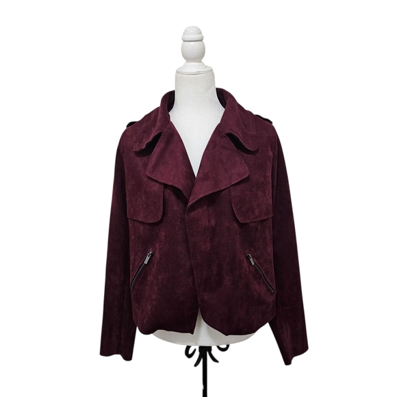Kut Faux Suede Jacket Burgundy Open Front Womens Medium - Picture 3 of 11